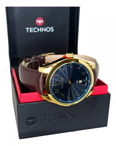 Relógio Dourado Pulseira De Couro Masculino Original Technos