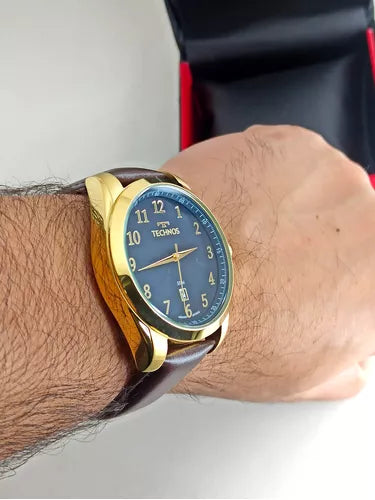 Relógio Dourado Pulseira De Couro Masculino Original Technos