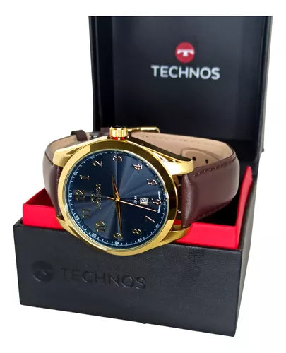 Relógio Dourado Pulseira De Couro Masculino Original Technos